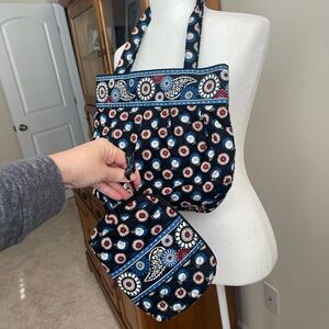 Vera Bradley Set Navy and White Floral Shoulder Bag and matching cosmetic case